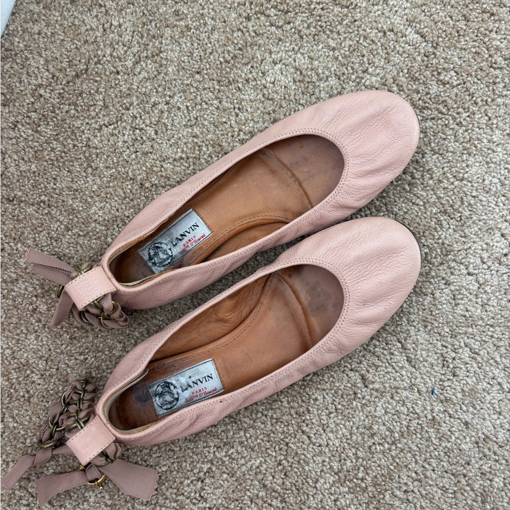 Lanvin Pink Leather Ballet Flats with Bow & Chain Heel